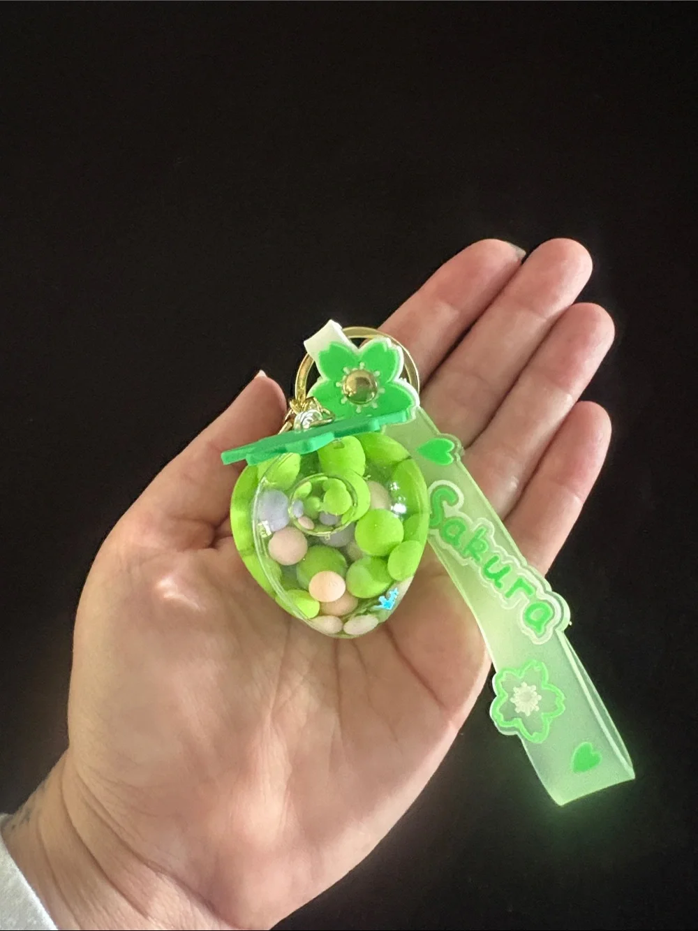Green Strawberry Water Bead Glitter Filled Bag Charm Keychain